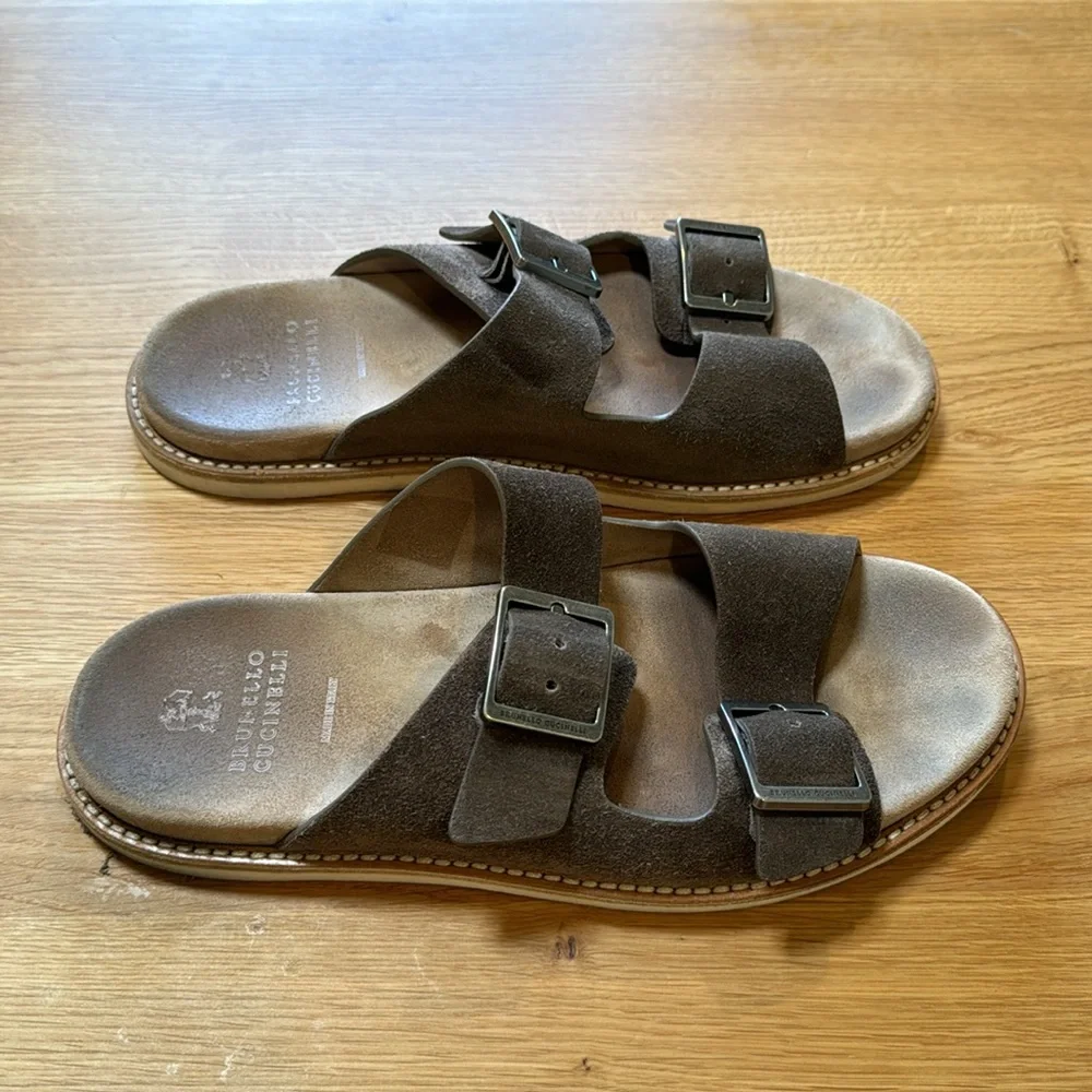 Brunello Cucinelli Men’s Brown Suede Double-Buckle Sandals